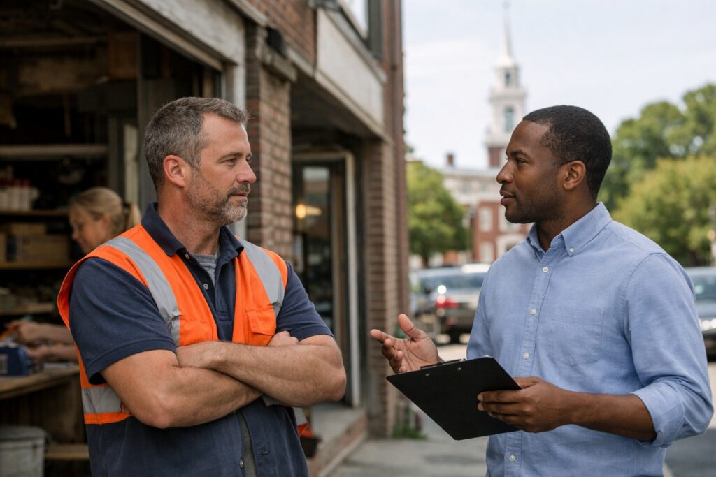 Insurance representative speaks with warehouse worker about general liability insurance